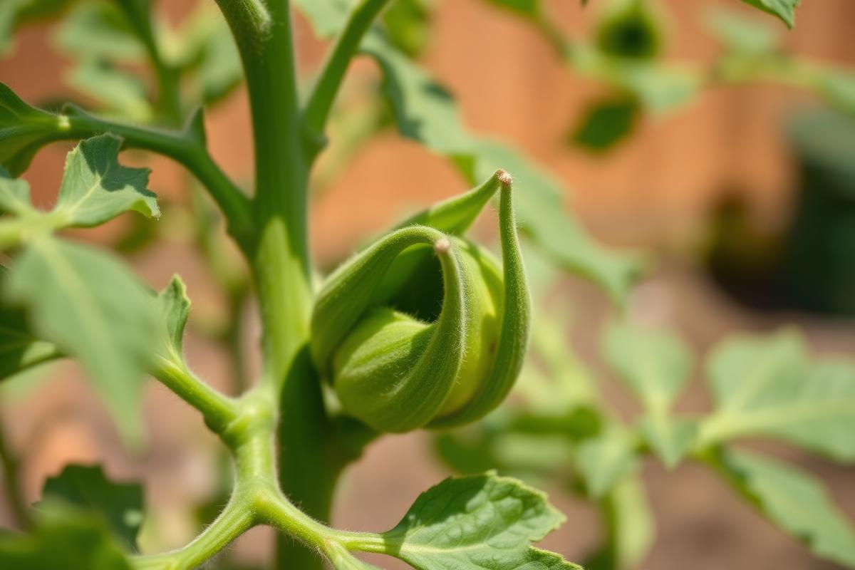 Tomato leaves curled tightly upward on a garden plant in hot sun
