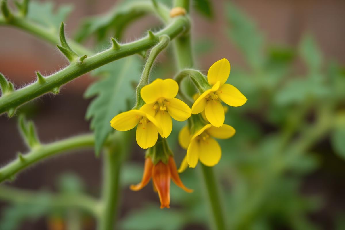 Yellow tomato flowers with several dropped blossoms below