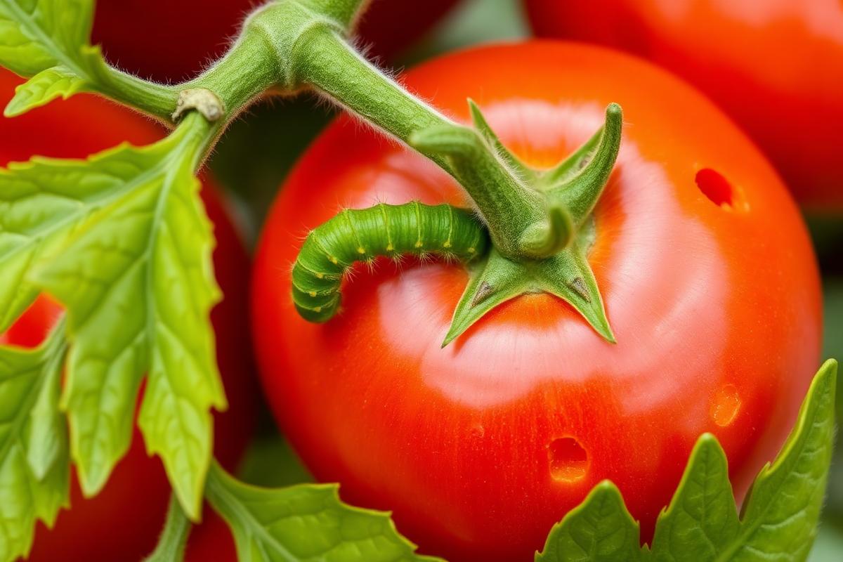 Chewed tomato leaves with caterpillar holes and damage