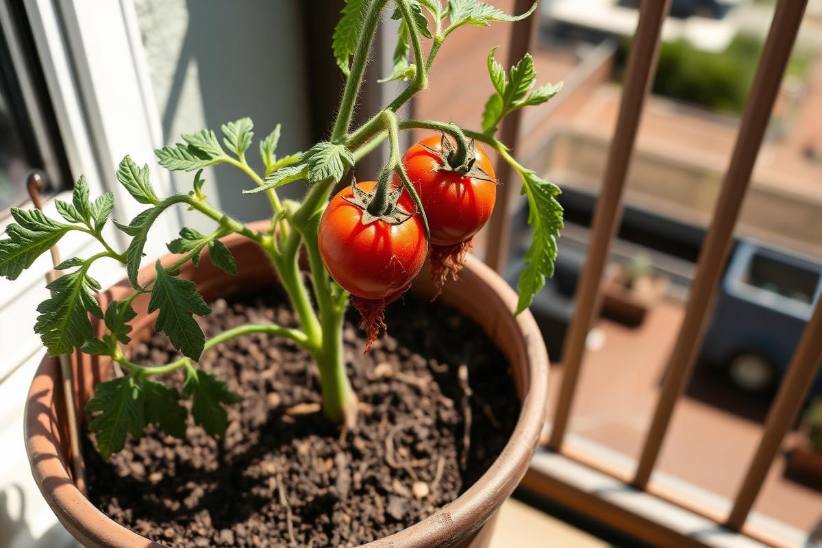 Wilting tomato plant with drooping leaves in a pot